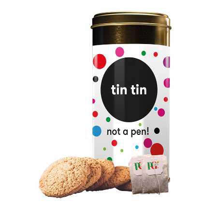 Personalised tin tin with any 200g biscuit filling and 6 tea bags